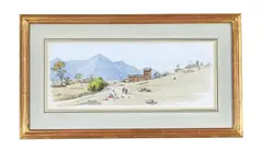 Figures before a mountain village by Graham Rust, watercolor, sold Feb 2023