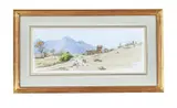 Figures before a mountain village by Graham Rust, watercolor, sold Feb 2023