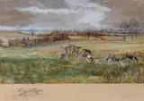 Hounds on the scent by Michael Lyne, watercolor, sold Feb 2023