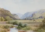 Upland river landscape with mountains beyond by Harold Sutton Palmer, watercolor, sold Feb 2023