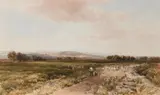 A shepherd herding sheep down a country lane by Edmund Morison Wimperis, watercolor, offered Feb 2023