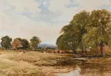 Cattle grazing in a river landscape by Edmund Morison Wimperis, 1900, watercolor, offered Feb 2023