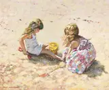 Girls playing on the beach with bucket and spade by Paul S. Gribble, oil, sold Jan 2023