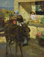 Loading the donkey by Violet MacNeish Kay, oil, sold Jan 2023