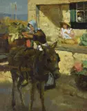Loading the donkey by Violet MacNeish Kay, oil, sold Jan 2023
