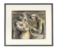 Greeting the baby by Colin Moss, charcoal and washSigned, offered Jan 2023