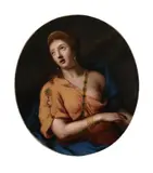 Cleopatra in question, looking upwards wrapped in a rich blue drapery wearing jewel encrusted clothing by Gabriel Revel, oil, offered Dec 2022