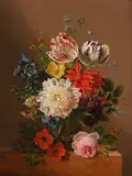 Tulips, roses, peonies and other flowers in a vase by Maria Geertruida Snabilie, oil, offered Dec 2022