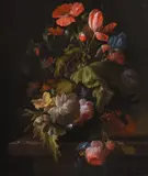 A poppy, tulip, chrysanthemum, morning glory, roses by Elias van den Broeck, oil, sold Dec 2022