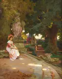Woman seated in a garden by Wilhelm Menzler, oil, offered Dec 2022