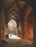 Cloister ruins in fading light on a winters day by Carl Hasenpflug, oil, sold Dec 2022