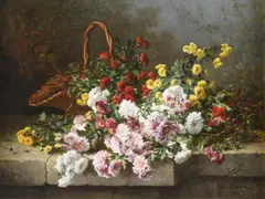 Chrysanthemums and a wicker basket on a stone ledge by Eugène Claude, oil, sold Dec 2022