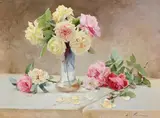Still life of roses in a glass vase on a stone ledge by Émile Vernon, oil, sold Dec 2022