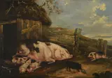 Sow and piglets by a sty by George Morland, oil, offered Dec 2022