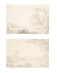 Figures resting by a lake; travellers on a road by a river by Anthony Devis, 1806, oil, offered Dec 2022