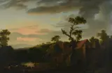 A WOODED LANDSCAPE WITH DROVERS AND CATTLE BY A RIVEROil on canv by George Barrett, oil, offered Dec 2022