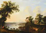Landscape with figures and cattle resting by a river by Hugh MaCdonnell, oil, sold Dec 2022