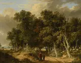 A wooded landscape with a mother and child on a track by James Stark, oil, offered Dec 2022