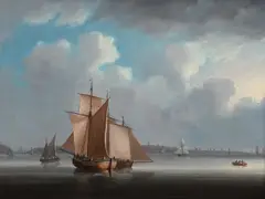 Shipping in a calm by Thomas Buttersworth, oil, sold Dec 2022