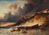 Beaching the boat by Eugène Isabey, oil, offered Dec 2022