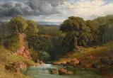 English landscape with deer by a river by John Linnell, oil, sold Dec 2022