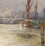 Sail barge on the Thames by Charles E. Turner, watercolour, sold Jul 2023
