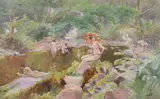 Bathing beauties beside a river by Walter Schröder, watercolour, sold Jul 2023