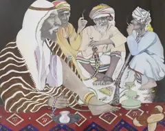 Bedouin figures smoking a hookah by W.R Earthrowl, 1996, watercolour on paper, sold Jul 2023