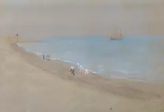 On the beach by Thomas Robert Way, Pastel on grey paper, on the beach, sold Jul 2023