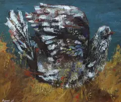 Pigeon in cornfield by Jack Hughes, oil on canvas, sold Jul 2023