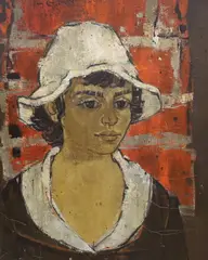 Portrait aux Chapeaux Blanc, 1956 by Yves Jean Félicien Ganne, oil on canvas, sold Jul 2023