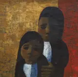 Two children by Jack Hughes, oil on canvas, sold Jul 2023