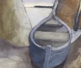 Blue boat between harbour walls by Sarah Lord, oil, sold Jul 2023
