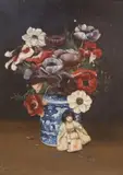 Still life of peonies in a vase by Arthur Royce Bradbury, oil on canvas, sold Jul 2023
