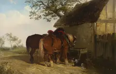 Plough horses and dog beside a stable by Thomas Smythe, oil on canvas, sold Jul 2023