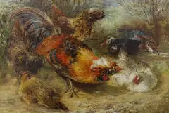 Cockerel and chickens by William Huggins, oil on board, sold Jul 2023