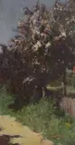 Flowering trees beside a lane by John White, oil on canvas, sold Jul 2023