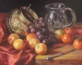 Still life of fruit on a table top by Alan Sutherland, oil on board, sold Jul 2023