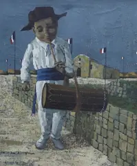 Drum and pipe player by Jack Hughes, oil on canvas, sold Jul 2023