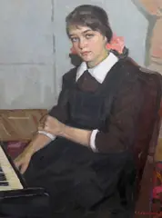 Portrait of a seated girl by Nickolaj Pavlovic Kalmykov, 1953, oil on canvas, sold Jul 2023