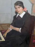 Portrait of a seated girl by Nickolaj Pavlovic Kalmykov, 1953, oil on canvas, sold Jul 2023