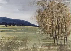 Landscape with willow trees by Robert Tavener, watercolour, sold Jul 2023