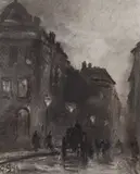 Street scene at night by George Sheffield, charcoal, sold Jul 2023