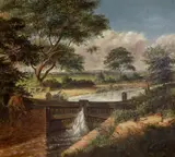 Angler beside loch gates by John Sheppard, oil on board, sold Jul 2023