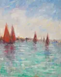 Fishing boats at sea by Paul Beauvais, oil on board, sold Jul 2023