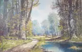 Woodland path and steam by Joseph Frühmesser, oil on canvas, sold Jul 2023