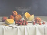 Still life of fruit on a table top by Reza Samimi, oil on canvas, sold Jul 2023