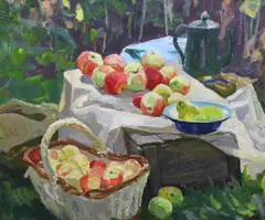 Still life of apples by Boris Makhalov, oil on card, sold Jul 2023
