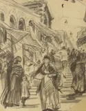 Italian street scene with figures on steps by Joseph Crawhall, pencil, sold Jul 2023