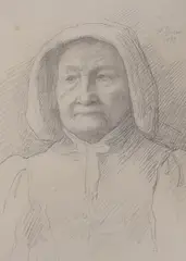 Portrait of a woman wearing a bonnet by Alphonse Legros, 1899, pencil, sold Jul 2023